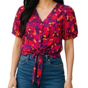 Rose & Olive Jungle Monkey Tropical Tie Button Down Top Medium NWT